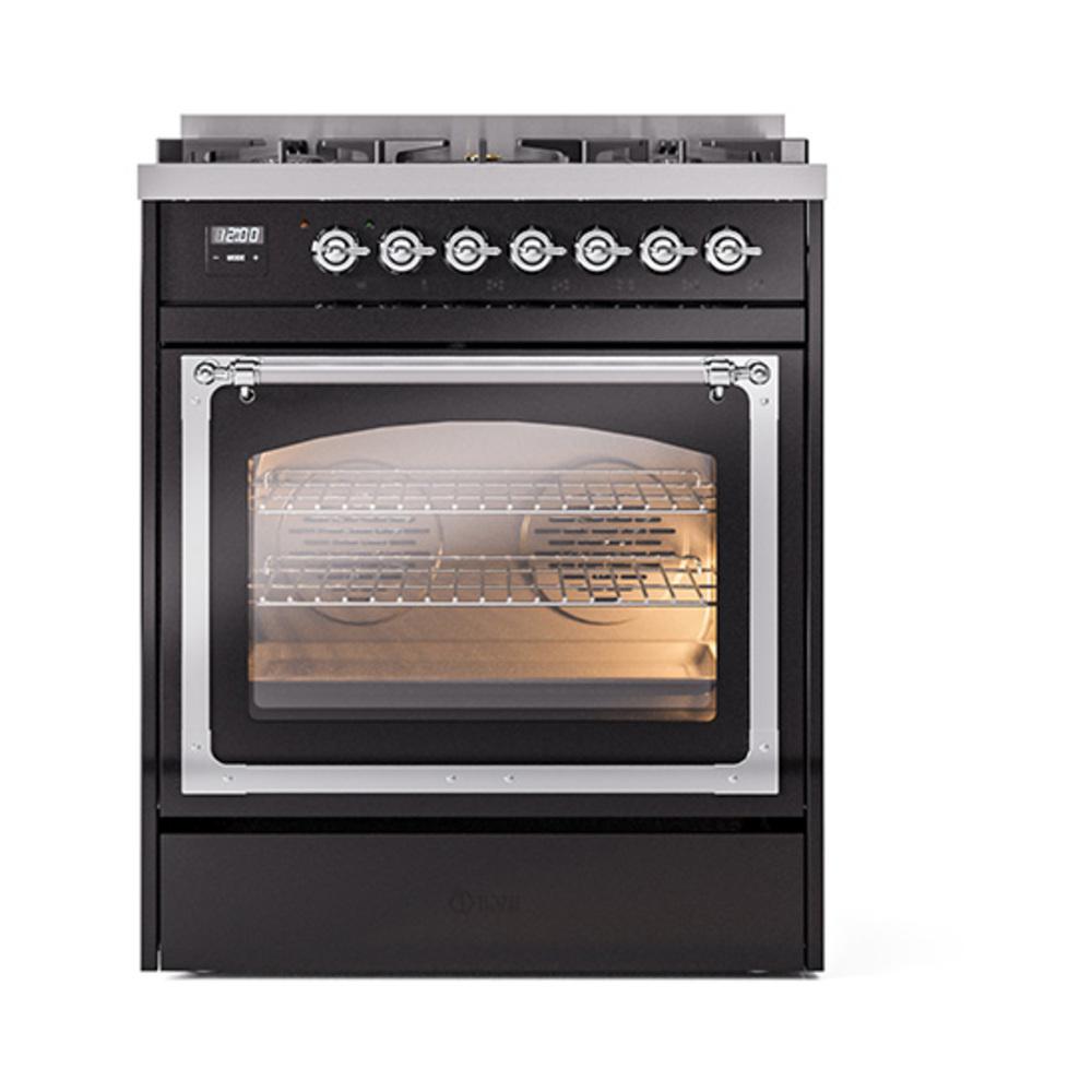 Ilve UN30NMPBKCLP Ilve Un30Nmpbkclp Nostalgie Ii Noblesse 30" Dual Fuel Range (Liquid Propane, Triple Glass Door, Glossy Black, Chrome)