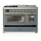 Ilve UM48FSNR3BGGLP Ilve Um48Fsnr3Bgglp Majestic Iii 48 Inch Dual Fuel Range With 5 Black Brass Burners, Griddle And French Top, Dual Function Burner Up To 25,000 Btu (Liquid Propane, Triple Glass Door, Blue Grey, Brass)
