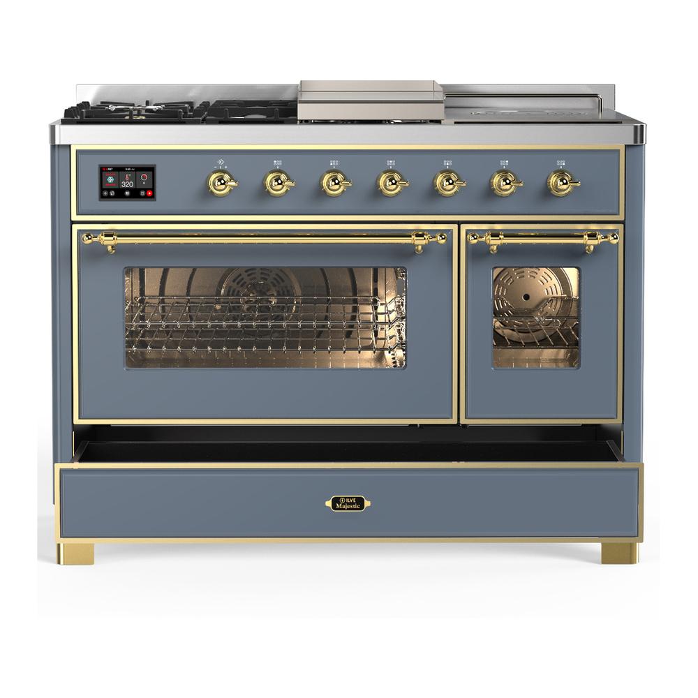 Ilve UM48FSNR3BGGLP Ilve Um48Fsnr3Bgglp Majestic Iii 48 Inch Dual Fuel Range With 5 Black Brass Burners, Griddle And French Top, Dual Function Burner Up To 25,000 Btu (Liquid Propane, Triple Glass Door, Blue Grey, Brass)