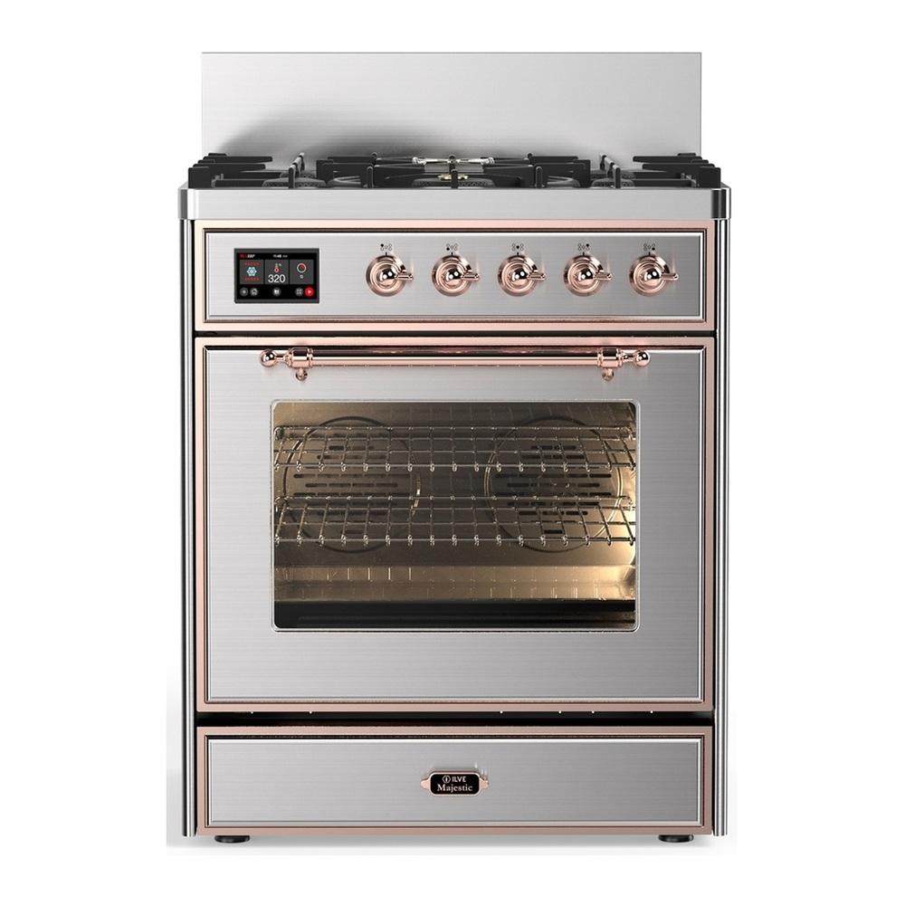 Ilve UM30NR3SSP Ilve Um30Nr3Ssp Majestic Iii 30 Inch Dual Fuel Range With 5 Black Brass Burners, Dual Function Burner Up To 25,000 Btu (Natural Gas, Triple Glass Door, Stainless Steel, Copper)