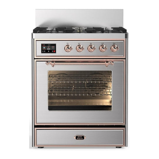 Ilve UM30NR3SSP Ilve Um30Nr3Ssp Majestic Iii 30 Inch Dual Fuel Range With 5 Black Brass Burners, Dual Function Burner Up To 25,000 Btu (Natural Gas, Triple Glass Door, Stainless Steel, Copper)