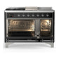 Ilve UM48FSQNR3BKCLP Ilve Um48Fsqnr3Bkclp Majestic Iii 48 Inch Dual Fuel Range With 5 Black Brass Burners, Griddle And French Top, Dual Function Burner Up To 25,000 Btu (Liquid Propane, Solid Door, Glossy Black, Chrome)