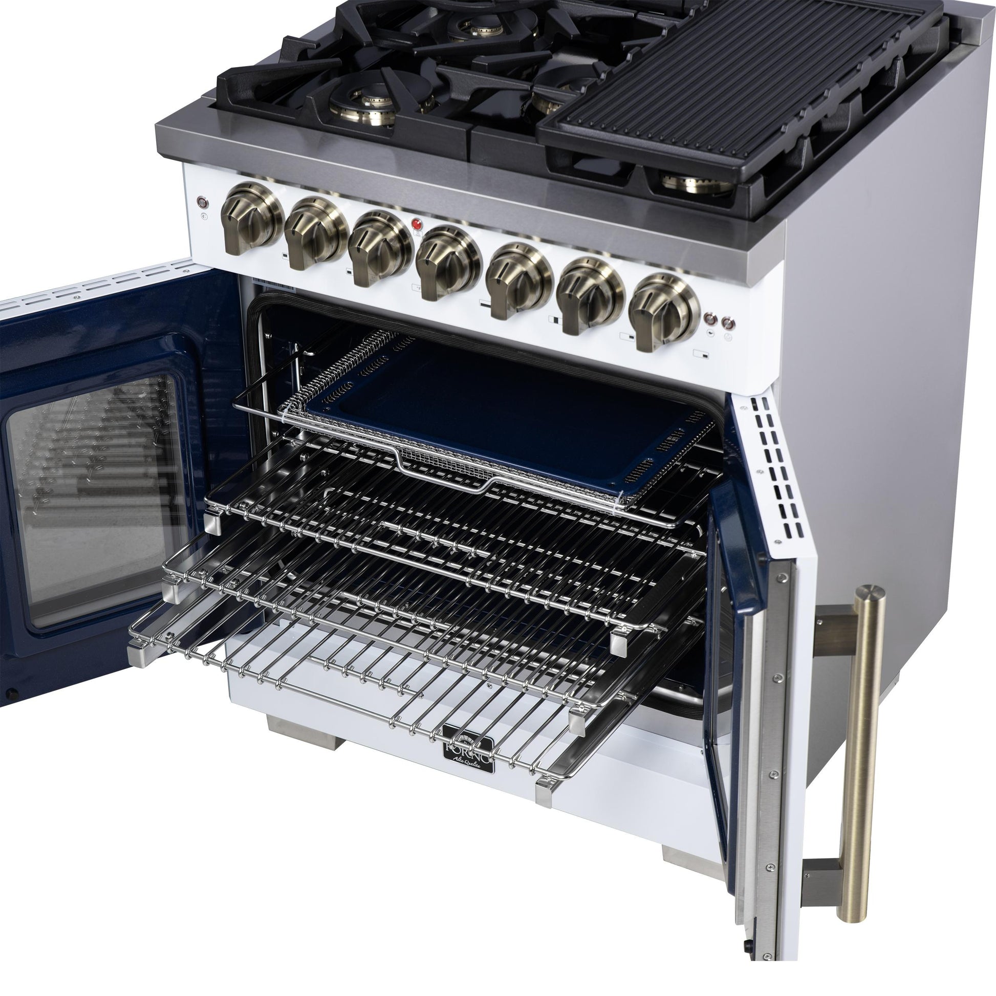 Forno FFSGS638730WHT Forno Capriasca 30-Inch Freestanding French Door Dual Fuel Range In White With Antique Brass Accessories, 5 Burners, True Convection Oven