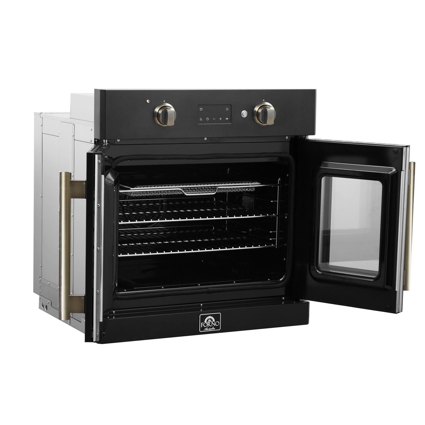 Forno FBOEL133330BLK Forno Asti 30-Inch French Door Electric Wall Oven In Black & Antique Brass, 3.68 Cu. Ft. True Convection, 3,600W, Air Fry, Sous Vide, Self-Clean