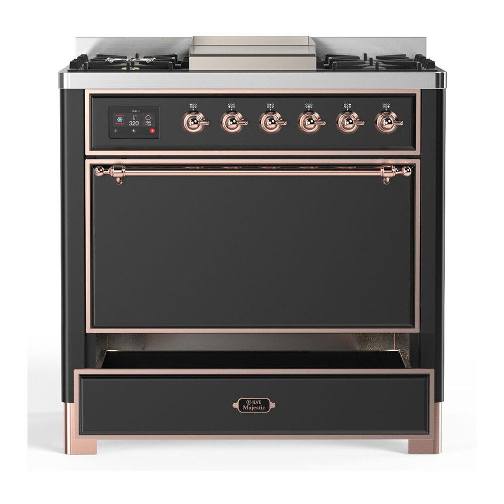 Ilve UM36FQNR3MGPLP Ilve Um36Fqnr3Mgplp Majestic Iii 36 Inch Dual Fuel Range With 6 Black Brass Burners And Griddle, Dual Function Burner Up To 25,000 Btu (Solid Door, Graphite Matte, Copper, Liquid Propane)