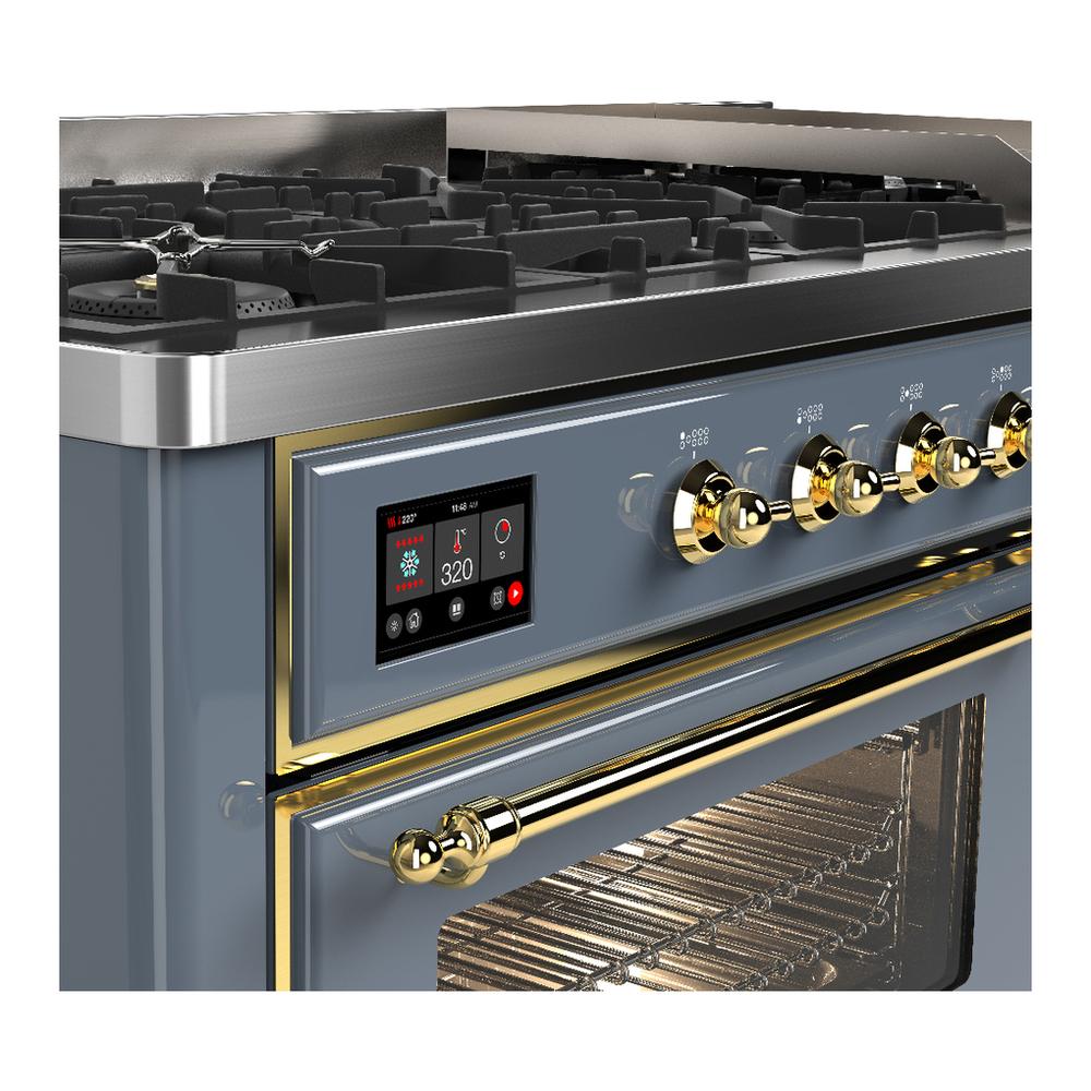 Ilve UM60FNR3BGG Ilve Um60Fnr3Bgg Majestic Iii 60 Inch Dual Fuel Range With 9 Burners And Griddle, Dual Function Burner Up To 25,000 Btu (Natural Gas, Triple Glass Door, Blue Grey, Brass)