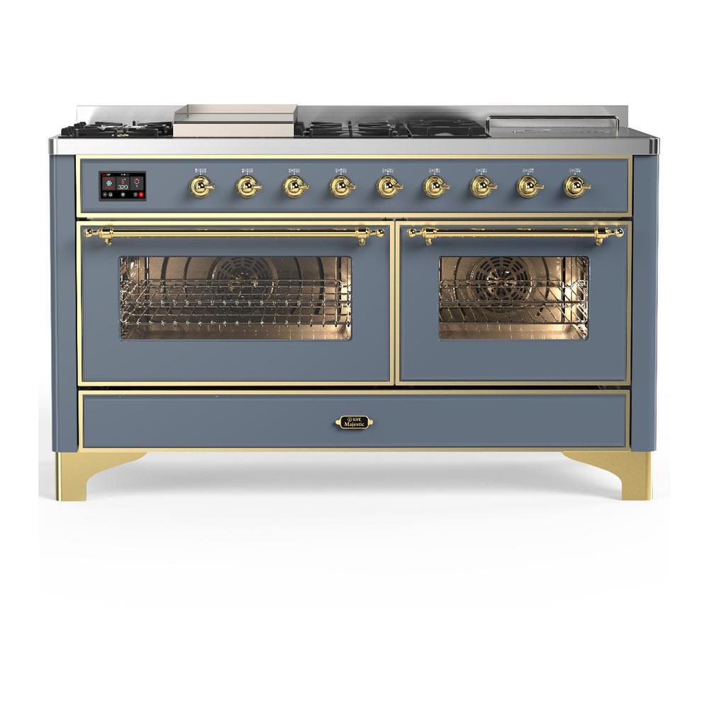 Ilve UM60FSNR3BGGLP Ilve Um60Fsnr3Bgglp Majestic Iii 60 Inch Dual Fuel Range With 7 Burners, Griddle And French Top, Dual Function Burner With Up To 25,000 Btu (Liquid Propane, Triple Glass Door, Blue Grey, Brass)