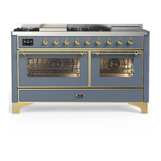 Ilve UM60FSNR3BGGLP Ilve Um60Fsnr3Bgglp Majestic Iii 60 Inch Dual Fuel Range With 7 Burners, Griddle And French Top, Dual Function Burner With Up To 25,000 Btu (Liquid Propane, Triple Glass Door, Blue Grey, Brass)