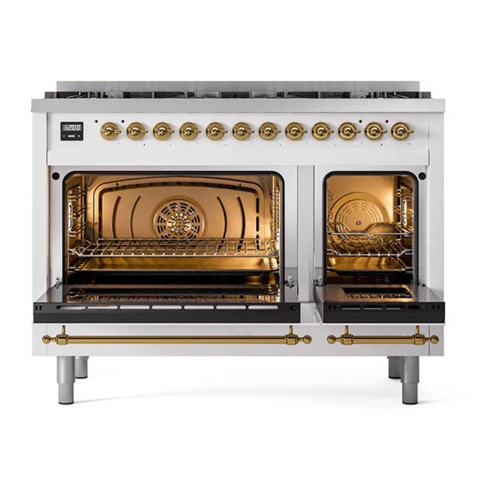 Ilve UP488NMPWHG Ilve Up488Nmpwhg Nostalgie Ii 48 Inch Dual Fuel Range With 8 Total Black Brass Sealed Burners, Brass Trim (Limited Edition) (Natural Gas, White)