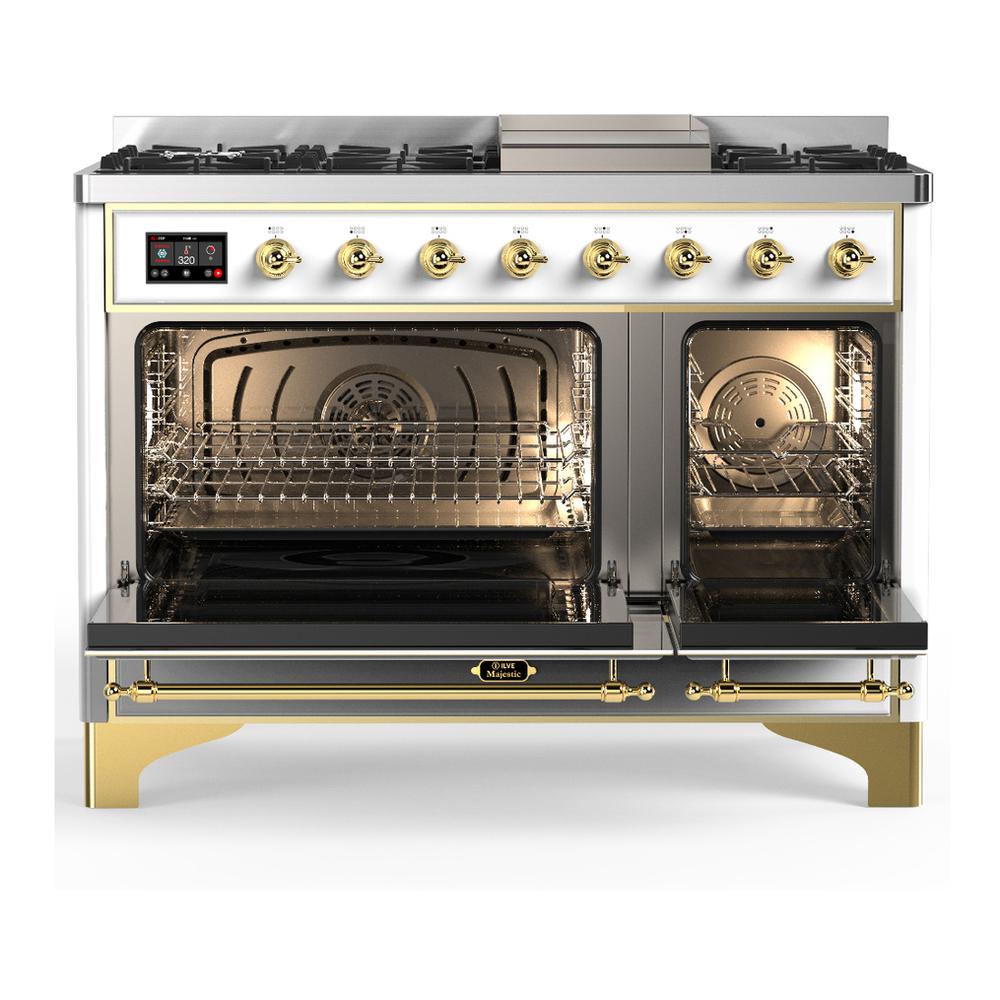 Ilve UM48FNR3WHGLP Ilve Um48Fnr3Whglp Majestic Iii 48 Inch Dual Fuel Range With 8 Burners And Griddle, Dual Function Burner Up To 25,000 Btu (Liquid Propane, Triple Glass Door, White, Brass)