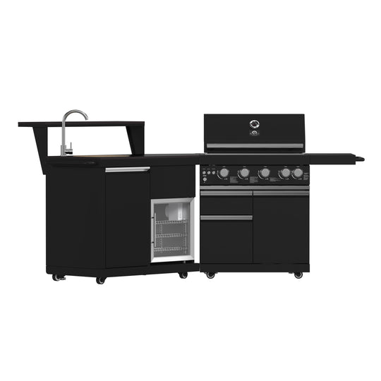 Forno FODKT2582BLK Forno All Aperto 62,600 Btu Bbq, 3 Stainless Steel Burners, Infrared Burners, Sink Module, Black Sintered Stone Countertops, Bar And Beverage Center