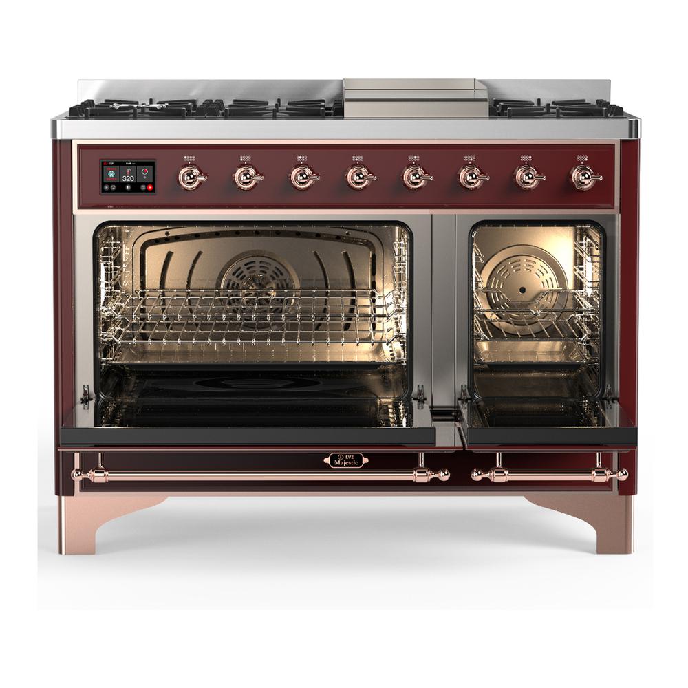 Ilve UM48FNR3BUPLP Ilve Um48Fnr3Buplp Majestic Iii 48 Inch Dual Fuel Range With 8 Burners And Griddle, Dual Function Burner Up To 25,000 Btu (Liquid Propane, Triple Glass Door, Burgundy, Copper)