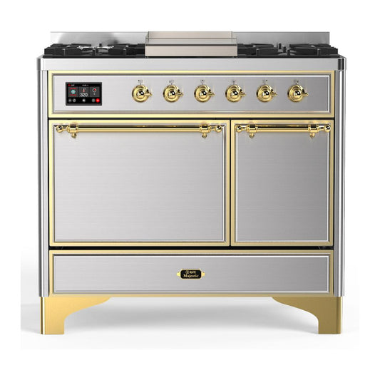 Ilve UMD40FQNR3SSGLP Ilve Umd40Fqnr3Ssglp Majestic Iii 40 Inch Dual Fuel Range With 6 Burners And Griddle, Dual Function Burner Up To 25,000 Btu (Liquid Propane, Solid Door, Stainless Steel, Brass)