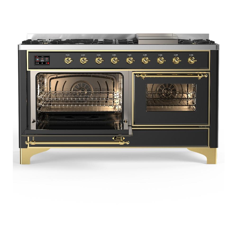 Ilve UM60FNR3MGGLP Ilve Um60Fnr3Mgglp Majestic Iii 60 Inch Dual Fuel Range With 9 Burners And Griddle, Dual Function Burner Up To 25,000 Btu (Liquid Propane, Triple Glass Door, Graphite Matte, Brass)