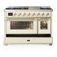 Ilve UM48FNR3AWGLP Ilve Um48Fnr3Awglp Majestic Iii 48 Inch Dual Fuel Range With 8 Burners And Griddle, Dual Function Burner Up To 25,000 Btu (Liquid Propane, Triple Glass Door, Antique White, Brass)