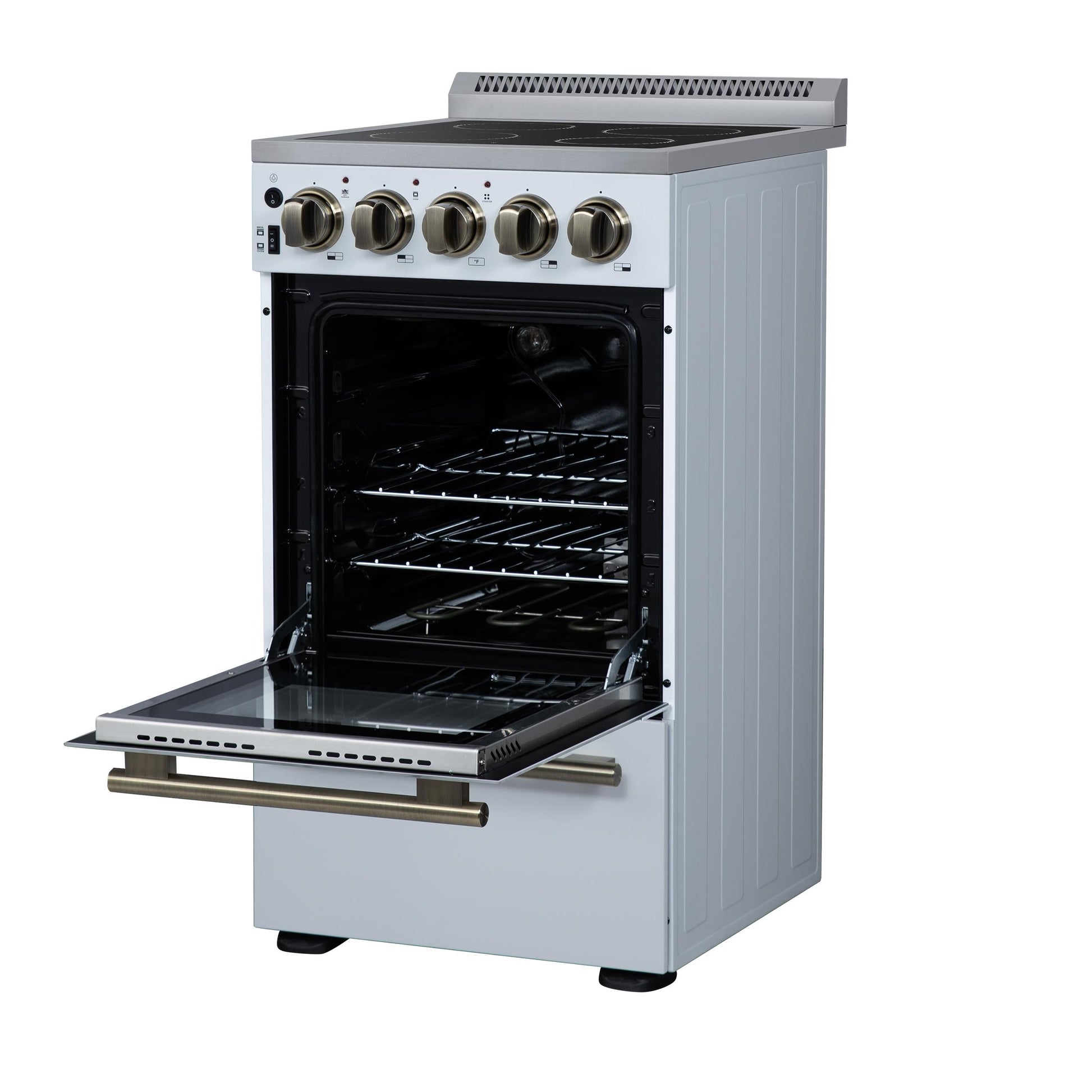 Forno FFSEL605220WHT Forno Pallerano 20 Inch Freestanding Electric Range In White With Antique Brass, Compact Design