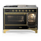 Ilve UM48FSNR3BKGLP Ilve Um48Fsnr3Bkglp Majestic Iii 48 Inch Dual Fuel Range With 5 Black Brass Burners, Griddle And French Top, Dual Function Burner Up To 25,000 Btu (Liquid Propane, Triple Glass Door, Glossy Black, Brass)