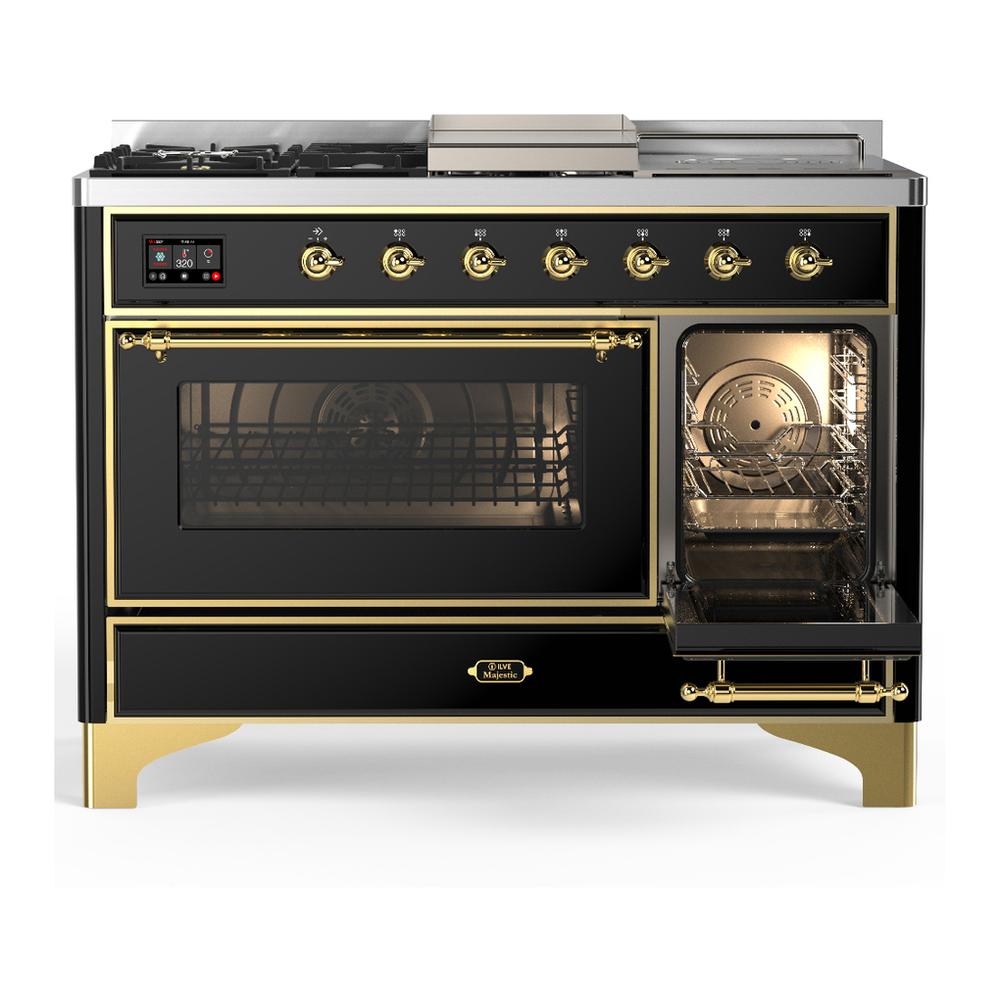 Ilve UM48FSNR3BKGLP Ilve Um48Fsnr3Bkglp Majestic Iii 48 Inch Dual Fuel Range With 5 Black Brass Burners, Griddle And French Top, Dual Function Burner Up To 25,000 Btu (Liquid Propane, Triple Glass Door, Glossy Black, Brass)