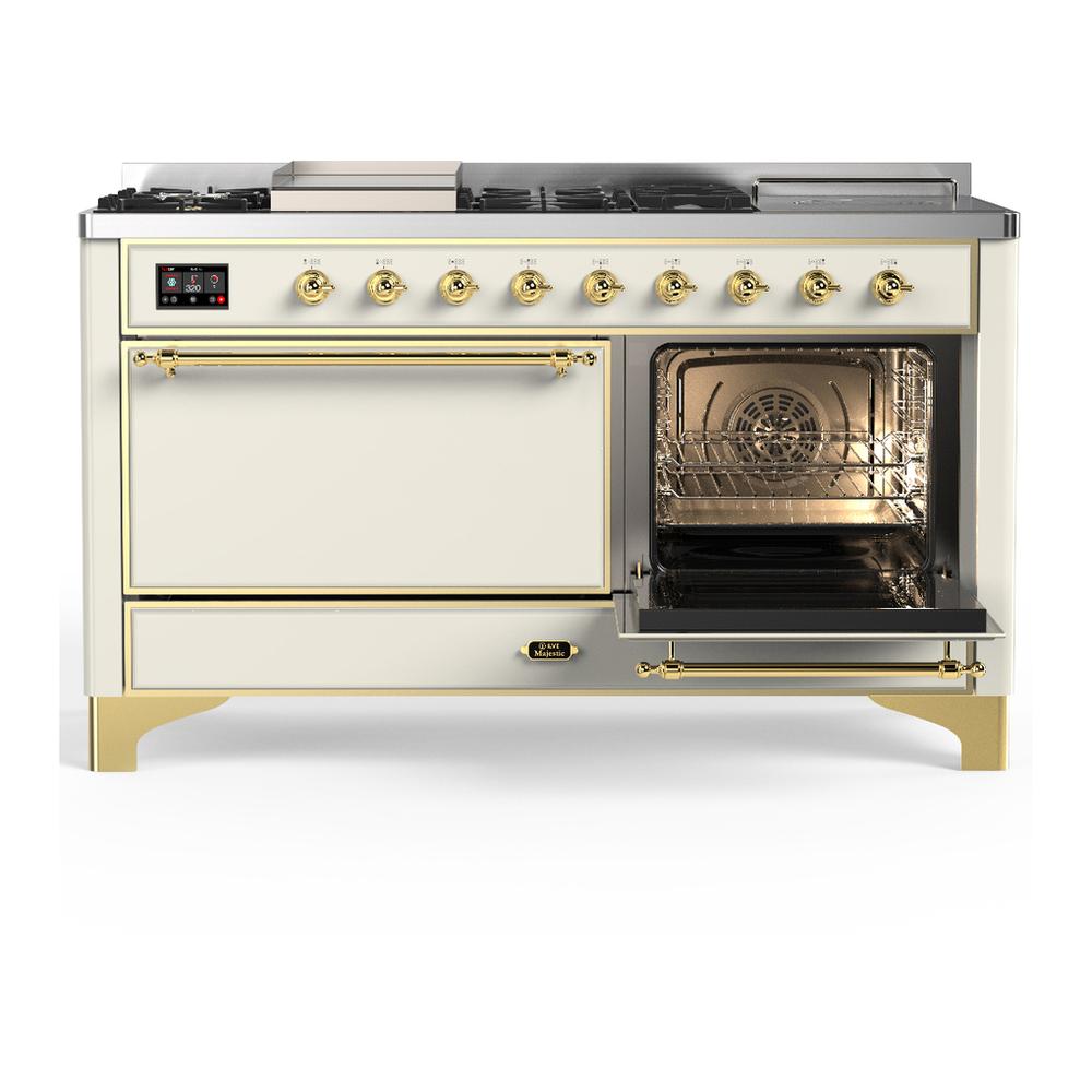 Ilve UM60FSQNR3AWGLP Ilve Um60Fsqnr3Awglp Majestic Iii 60 Inch Dual Fuel Range With 7 Burners, Griddle And French Top, Dual Function Burner With Up To 25,000 Btu (Liquid Propane, Solid Door, Antique White, Brass)