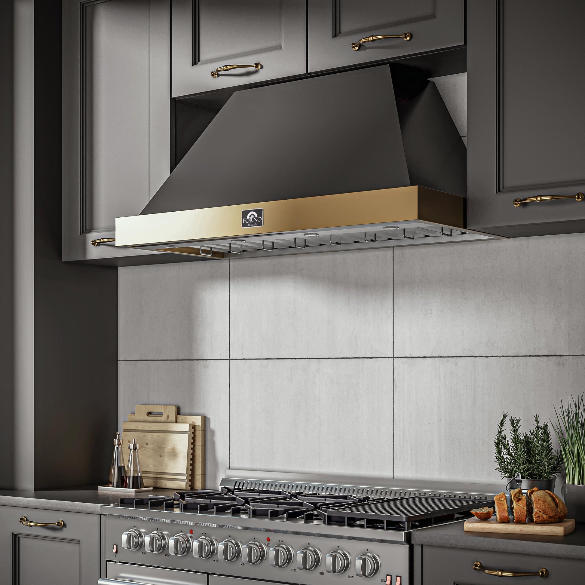 Forno FRHWM507848BLK Forno Vittorio 48-Inch Wall Mount Range Hood, Black With Antique Brass Trim, 424 Cfm Airflow, Dishwasher-Safe Baffle Filters, Remote Control, 3-Speed Fan, Bright Led Lighting.