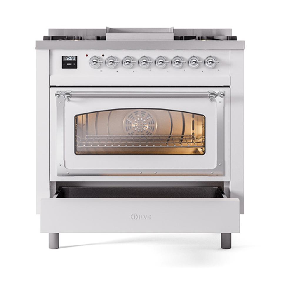 Ilve UN36FNMPWHCLP Ilve Un36Fnmpwhclp Nostalgie Ii Noblesse 36" Dual Fuel Range (Liquid Propane, Triple Glass Door, White, Chrome)