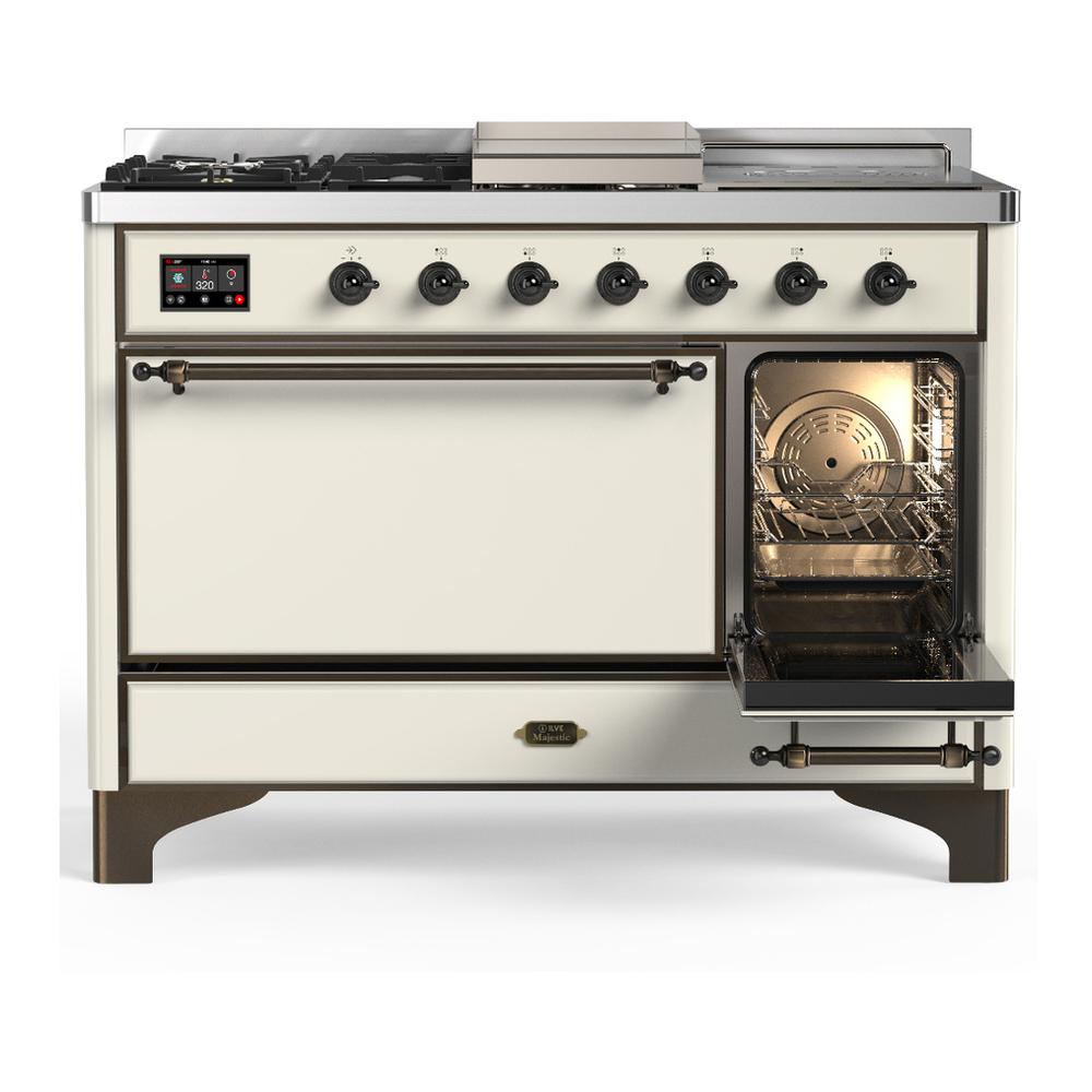 Ilve UM48FSQNR3AWB Ilve Um48Fsqnr3Awb Majestic Iii 48 Inch Dual Fuel Range With 5 Black Brass Burners, Griddle And French Top, Dual Function Burner Up To 25,000 Btu (Natural Gas, Solid Door, Antique White, Burnished)