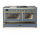 Ilve UM60FSNR3BGG Ilve Um60Fsnr3Bgg Majestic Iii 60 Inch Dual Fuel Range With 7 Burners, Griddle And French Top, Dual Function Burner With Up To 25,000 Btu (Natural Gas, Triple Glass Door, Blue Grey, Brass)