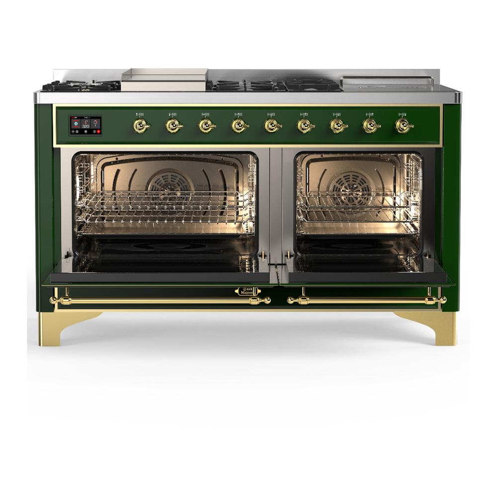 Ilve UM60FSNR3EGGLP Ilve Um60Fsnr3Egglp Majestic Iii 60 Inch Dual Fuel Range With 7 Burners, Griddle And French Top, Dual Function Burner With Up To 25,000 Btu (Liquid Propane, Triple Glass Door, Emerald Green, Brass)