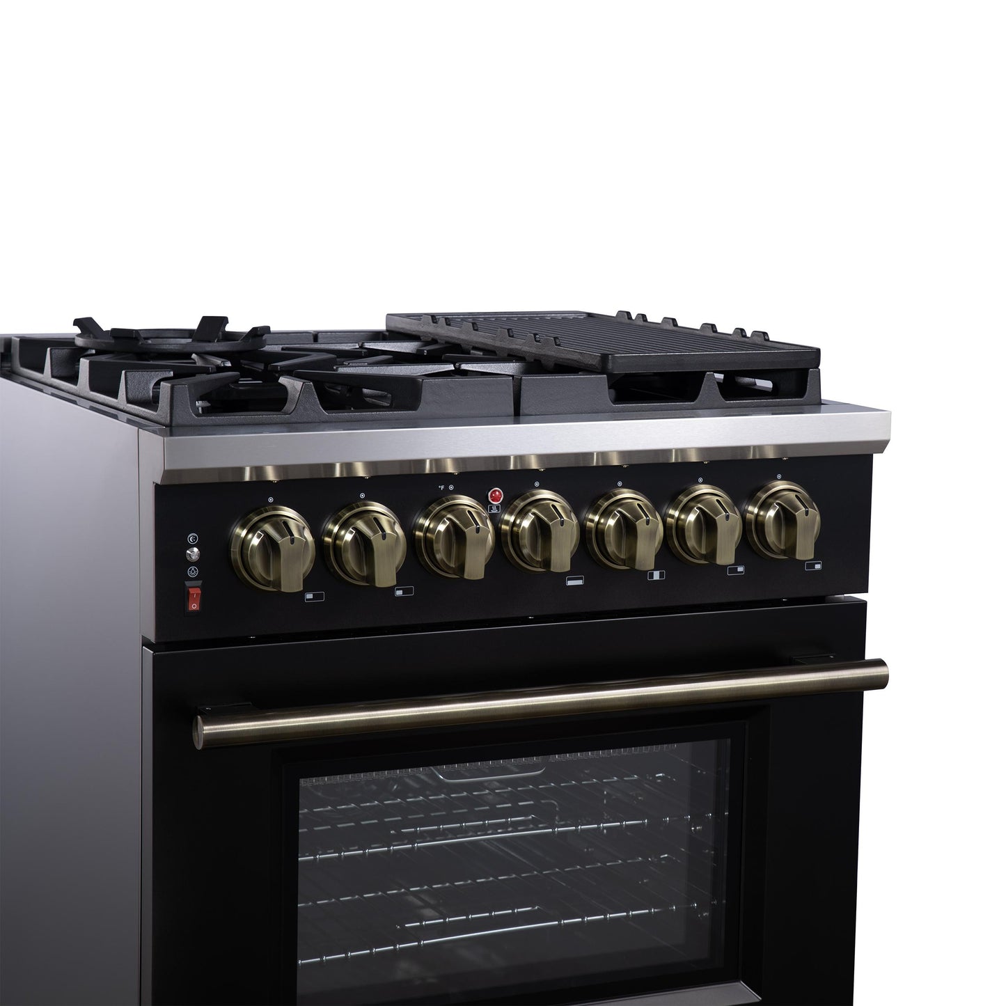 Forno FFSGS612530BLK Forno Massimo 30-Inch Freestanding Dual Fuel Range In Black With Antique Brass Accessories, 4 Burners, 4.32 Cu. Ft. Convection Oven