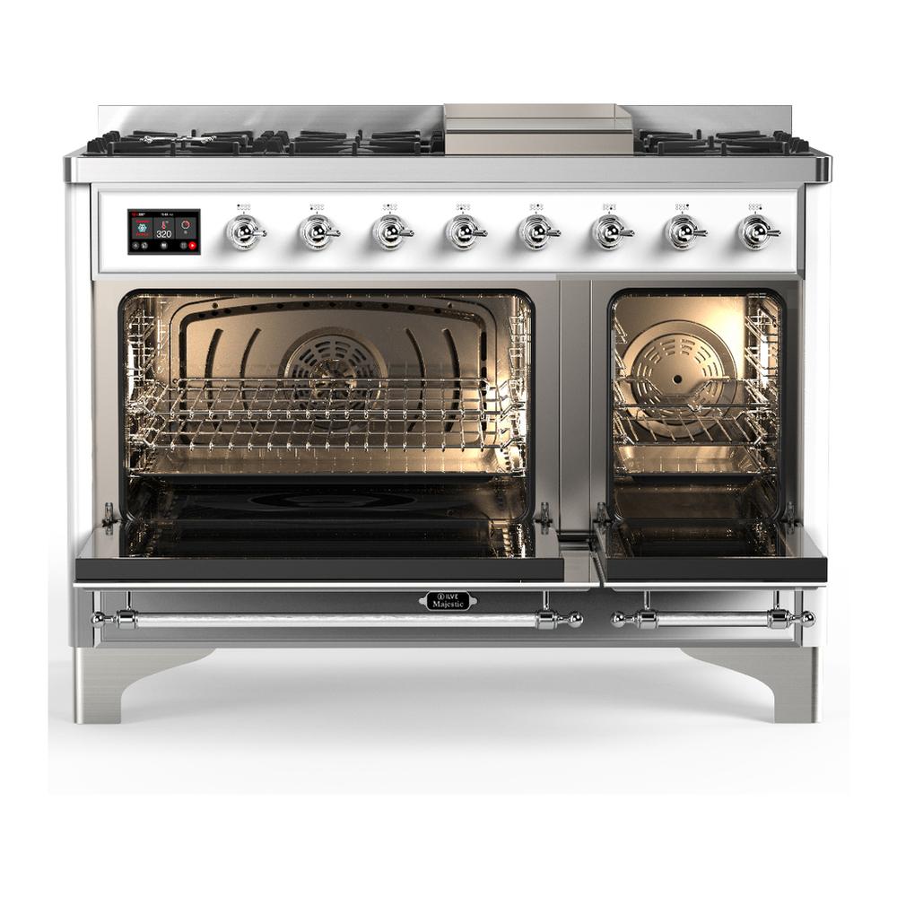 Ilve UM48FQNR3WHCLP Ilve Um48Fqnr3Whclp Majestic Iii 48 Inch Dual Fuel Range With 8 Burners And Griddle, Dual Function Burner Up To 25,000 Btu (Liquid Propane, Solid Door, White, Chrome)