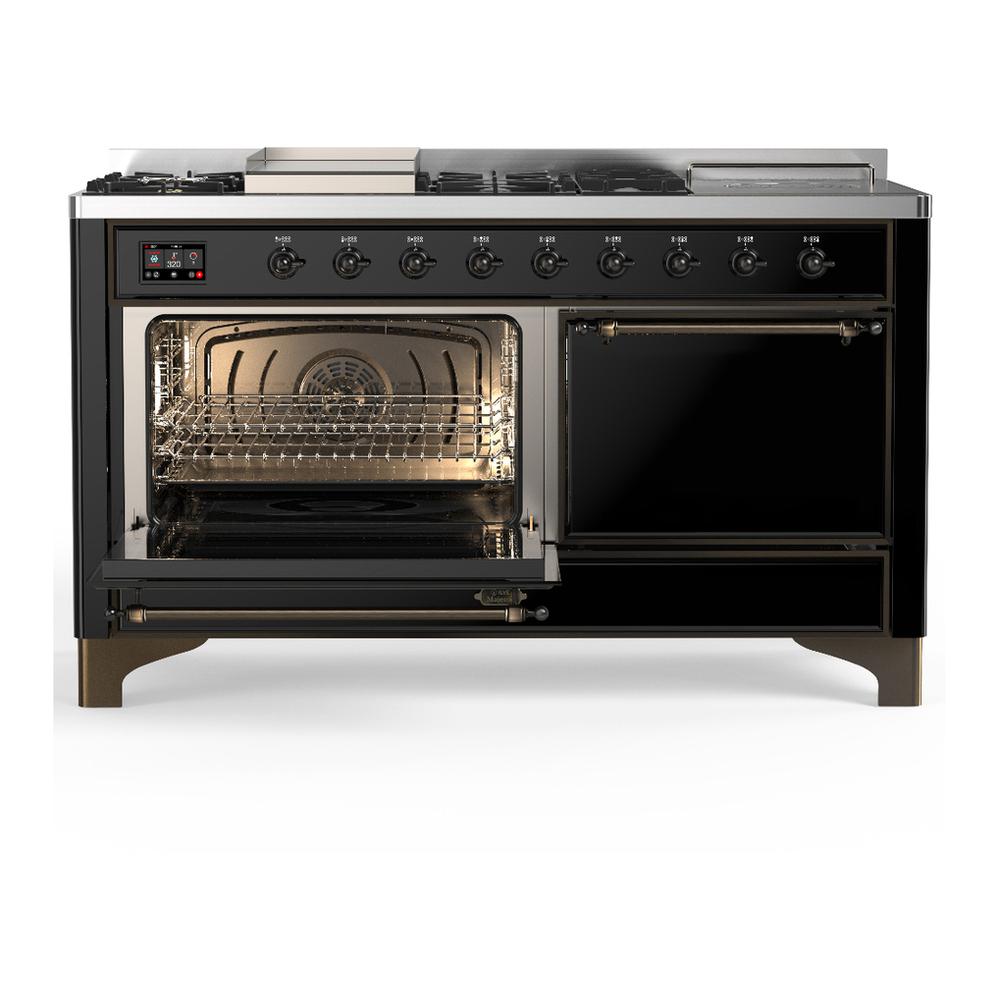 Ilve UM60FSQNR3BKBLP Ilve Um60Fsqnr3Bkblp Majestic Iii 60 Inch Dual Fuel Range With 7 Burners, Griddle And French Top, Dual Function Burner With Up To 25,000 Btu (Liquid Propane, Solid Door, Glossy Black, Burnished)