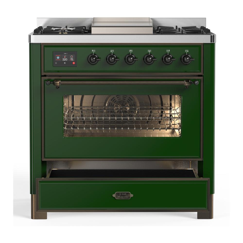 Ilve UM36FNR3EGBLP Ilve Um36Fnr3Egblp Majestic Iii 36 Inch Dual Fuel Range With 6 Black Brass Burners And Griddle, Dual Function Burner Up To 25,000 Btu (Triple Glass Door, Emerald Green, Burnished, Liquid Propane)