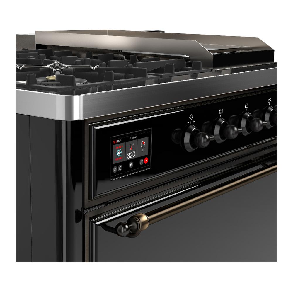 Ilve UM48FSQNR3BKBLP Ilve Um48Fsqnr3Bkblp Majestic Iii 48 Inch Dual Fuel Range With 5 Black Brass Burners, Griddle And French Top, Dual Function Burner Up To 25,000 Btu (Liquid Propane, Solid Door, Glossy Black, Burnished)