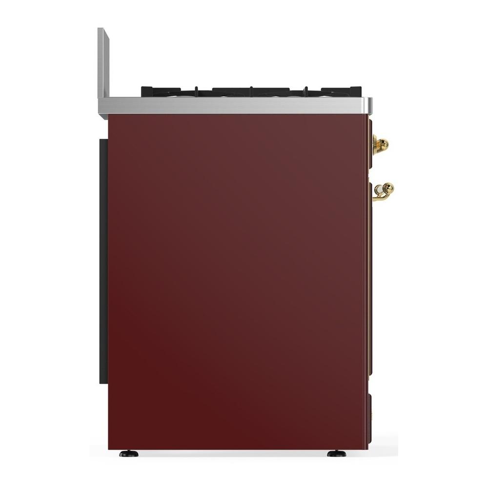 Ilve UM30NR3BUG Ilve Um30Nr3Bug Majestic Iii 30 Inch Dual Fuel Range With 5 Black Brass Burners, Dual Function Burner Up To 25,000 Btu (Natural Gas, Triple Glass Door, Burgundy, Brass)