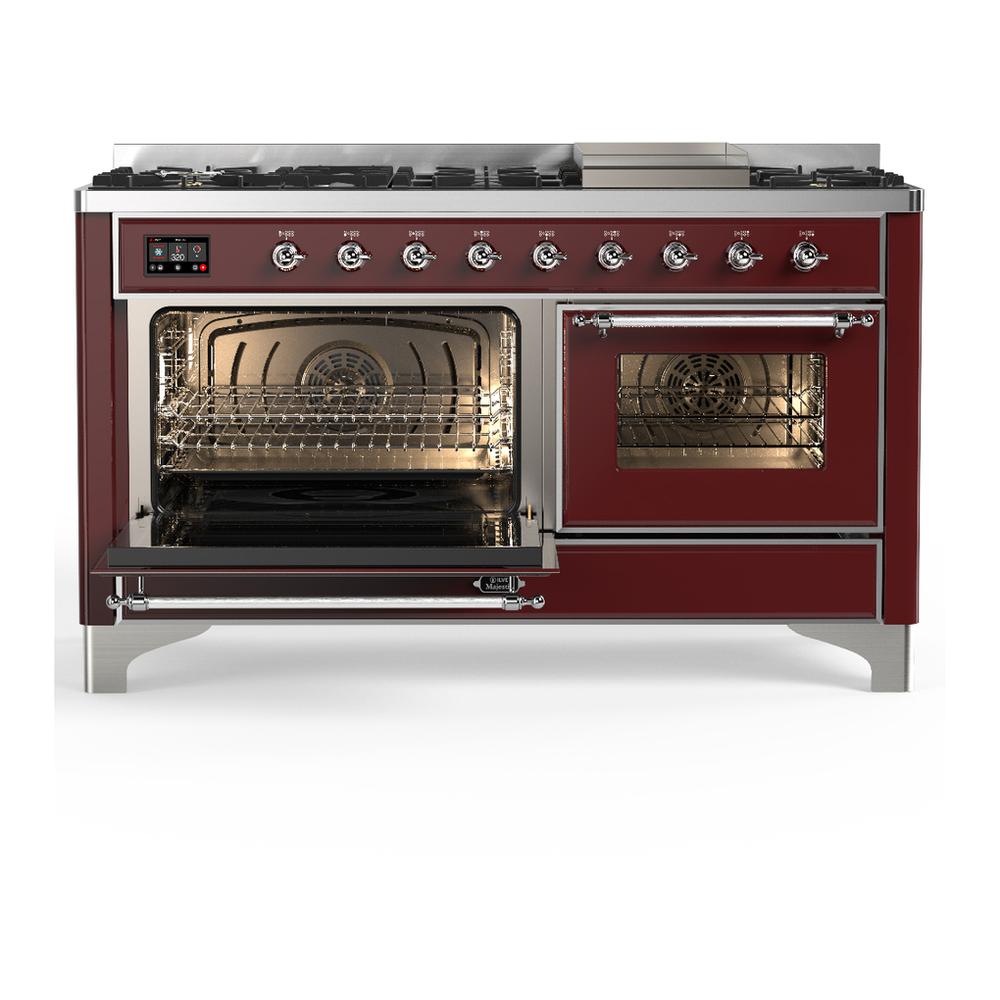 Ilve UM60FNR3BUCLP Ilve Um60Fnr3Buclp Majestic Iii 60 Inch Dual Fuel Range With 9 Burners And Griddle, Dual Function Burner Up To 25,000 Btu (Liquid Propane, Triple Glass Door, Burgundy, Chrome)