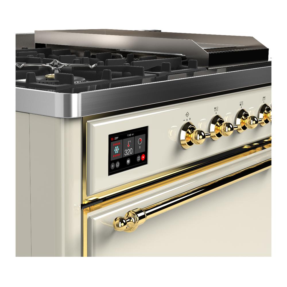 Ilve UM48FSQNR3AWG Ilve Um48Fsqnr3Awg Majestic Iii 48 Inch Dual Fuel Range With 5 Black Brass Burners, Griddle And French Top, Dual Function Burner Up To 25,000 Btu (Natural Gas, Solid Door, Antique White, Brass)