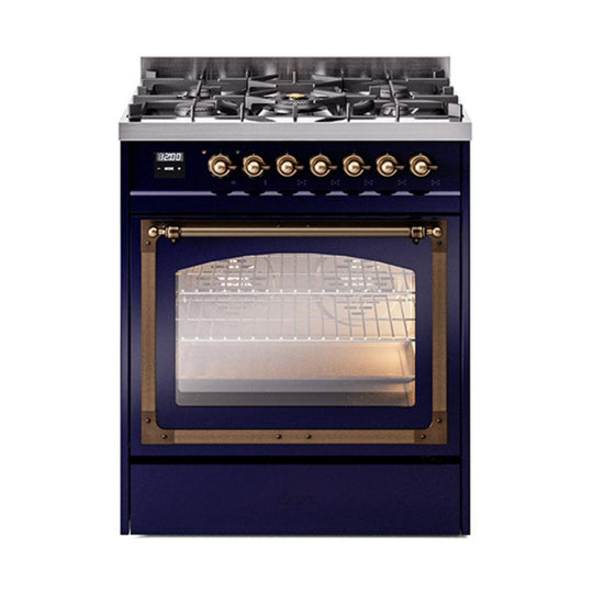Ilve UN30NMPMBBLP Ilve Un30Nmpmbblp Nostalgie Ii Noblesse 30" Dual Fuel Range (Liquid Propane, Triple Glass Door, Midnight Blue, Burnished)