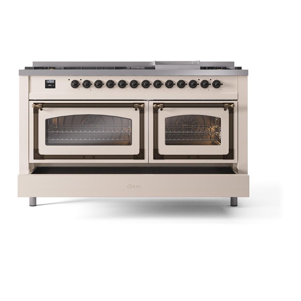 Ilve UN60FNMPAWBLP Ilve Un60Fnmpawblp Nostalgie Ii Noblesse 60" Dual Fuel Range (9 Sealed Burners + Griddle, Liquid Propane, Triple Glass Door, Antique White, Burnished)