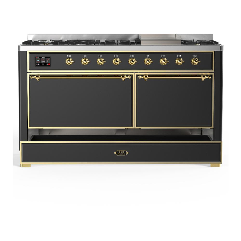 Ilve UM60FQNR3MGGLP Ilve Um60Fqnr3Mgglp Majestic Iii 60 Inch Dual Fuel Range With 9 Burners And Griddle, Dual Function Burner Up To 25,000 Btu (Liquid Propane, Solid Door, Graphite Matte, Brass)
