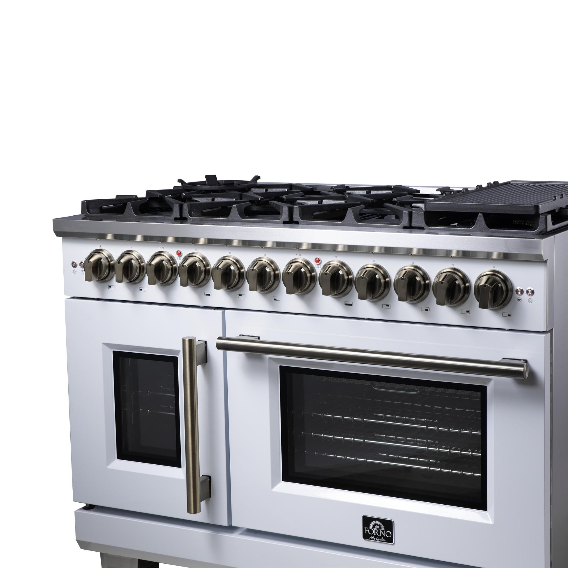 Forno FFSGS638748WHT Forno Capriasca 48 Inch Freestanding French Door Dual Fuel Range In White With Antique Brass Accessories, 8 Burners, True Convection Oven