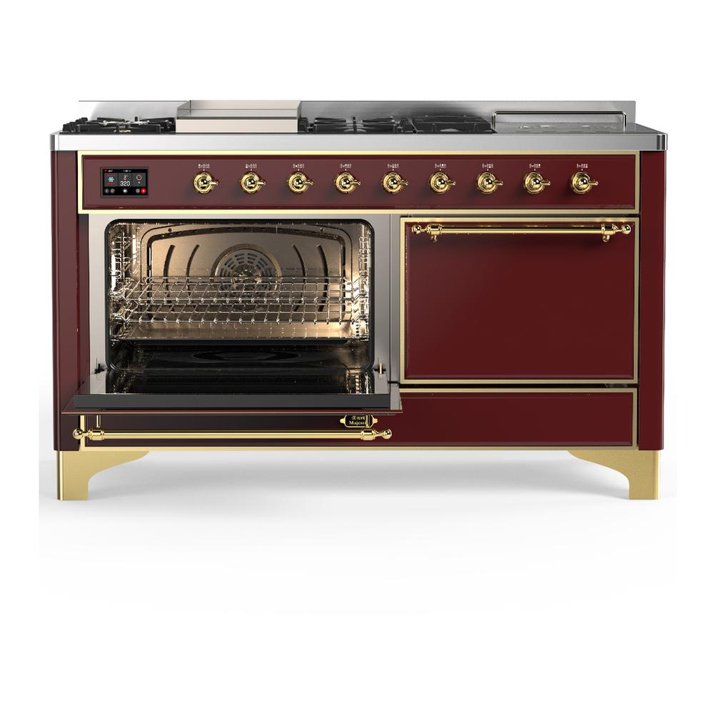 Ilve UM60FSQNR3BUGLP Ilve Um60Fsqnr3Buglp Majestic Iii 60 Inch Dual Fuel Range With 7 Burners, Griddle And French Top, Dual Function Burner With Up To 25,000 Btu (Liquid Propane, Solid Door, Burgundy, Brass)