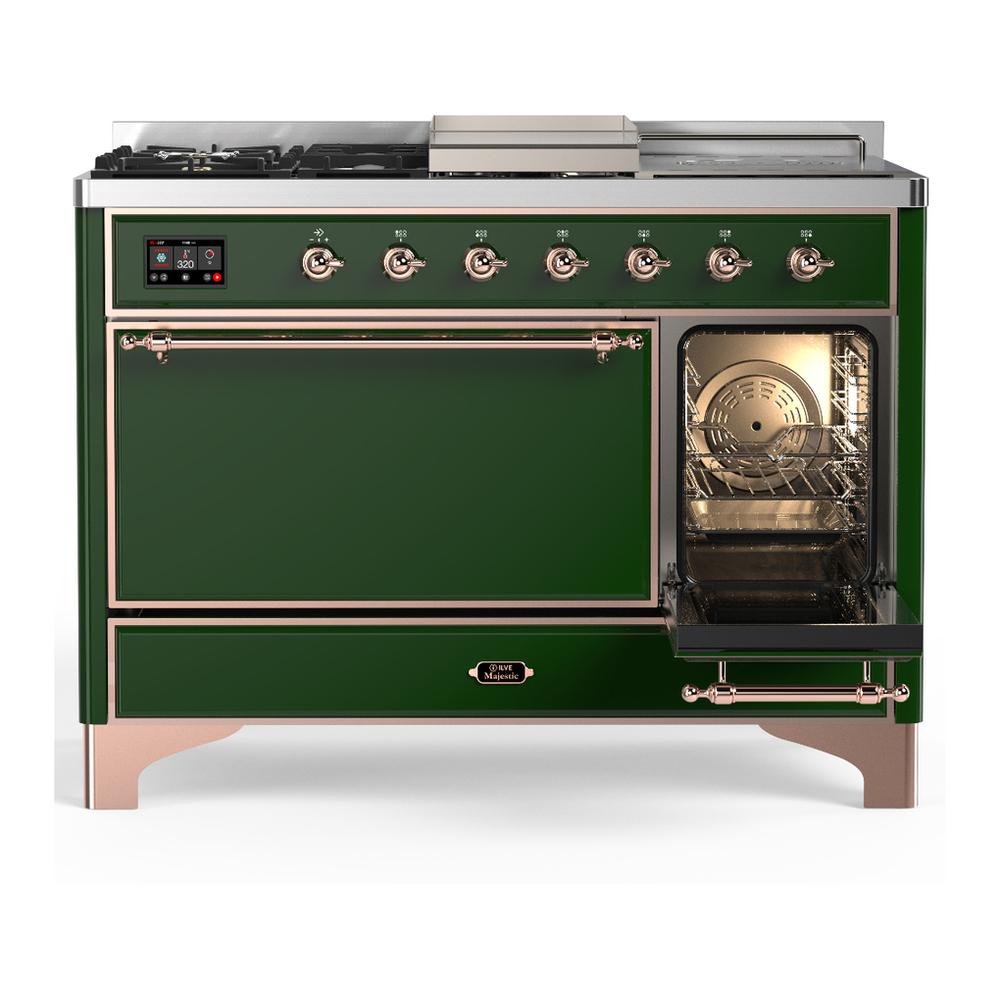 Ilve UM48FSQNR3EGPLP Ilve Um48Fsqnr3Egplp Majestic Iii 48 Inch Dual Fuel Range With 5 Black Brass Burners, Griddle And French Top, Dual Function Burner Up To 25,000 Btu (Liquid Propane, Solid Door, Emerald Green, Copper)