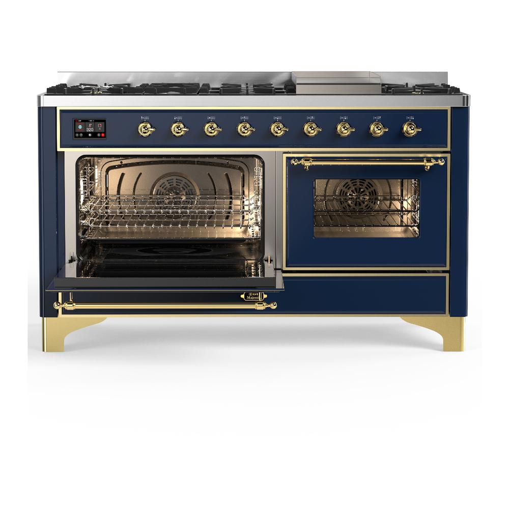 Ilve UM60FNR3MBG Ilve Um60Fnr3Mbg Majestic Iii 60 Inch Dual Fuel Range With 9 Burners And Griddle, Dual Function Burner Up To 25,000 Btu (Natural Gas, Triple Glass Door, Midnight Blue, Brass)