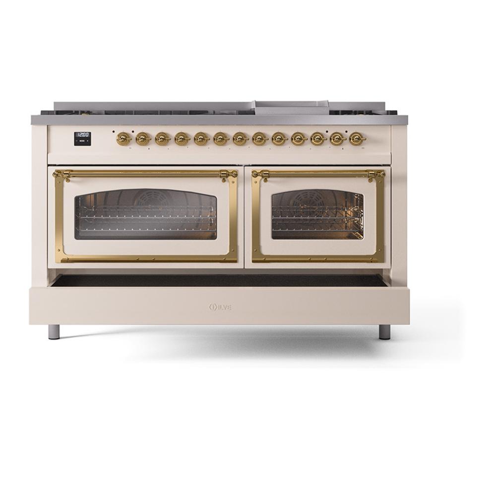 Ilve UN60FNMPAWG Ilve Un60Fnmpawg Nostalgie Ii Noblesse 60" Dual Fuel Range (9 Sealed Burners + Griddle, Natural Gas, Triple Glass Door, Antique White, Brass)