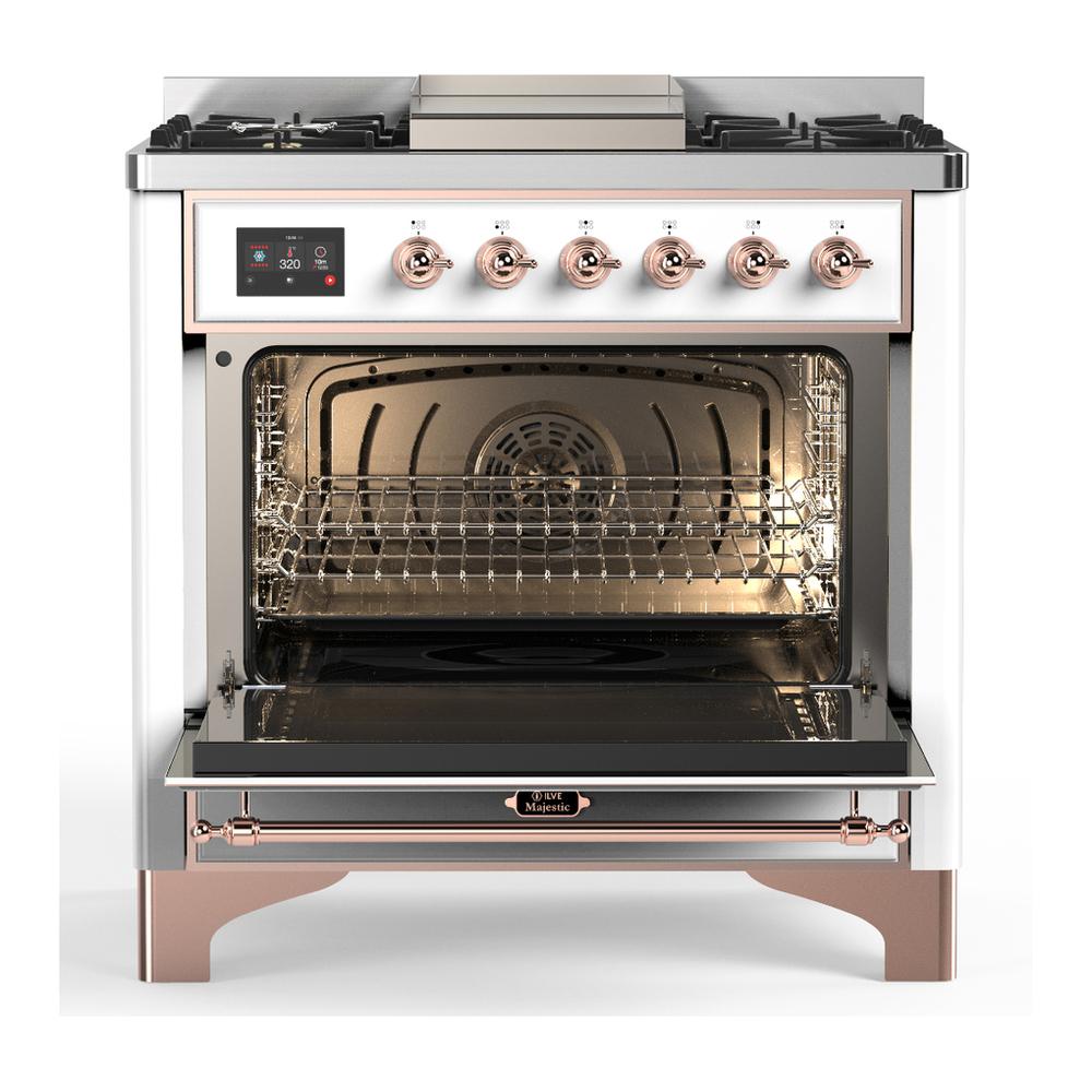 Ilve UM36FNR3WHP Ilve Um36Fnr3Whp Majestic Iii 36 Inch Dual Fuel Range With 6 Black Brass Burners And Griddle, Dual Function Burner Up To 25,000 Btu (Triple Glass Door, White, Copper, Natural Gas)