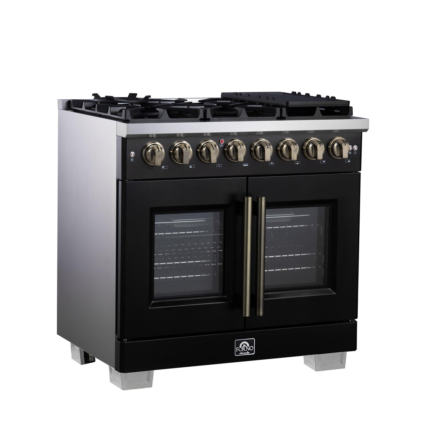 Forno FFSGS638736BLK Forno Capriasca 36 Inch Freestanding French Door Dual Fuel Range In Black With Antique Brass Accessories, 6 Burners, True Convection Oven