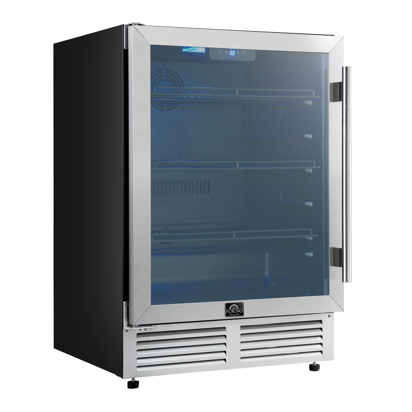 Forno FWCDR666524S Forno Frescolino 24 Inch Beverage Cooler, Stainless Steel, With Led Lighting, Triple Glass Door, 188 Can Capacity, Built-In Or Freestanding