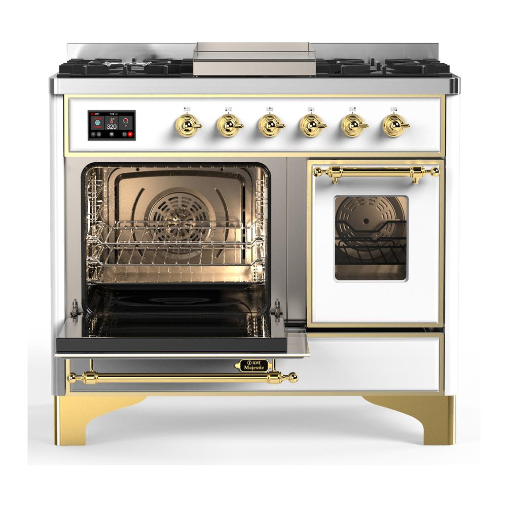 Ilve UMD40FNR3WHG Ilve Umd40Fnr3Whg Majestic Iii 40 Inch Dual Fuel Range With 6 Burners And Griddle, Dual Function Burner Up To 25,000 Btu (Natural Gas, Triple Glass Door, White, Brass)