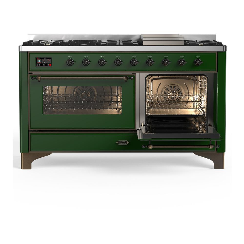 Ilve UM60FNR3EGB Ilve Um60Fnr3Egb Majestic Iii 60 Inch Dual Fuel Range With 9 Burners And Griddle, Dual Function Burner Up To 25,000 Btu (Natural Gas, Triple Glass Door, Emerald Green, Burnished)