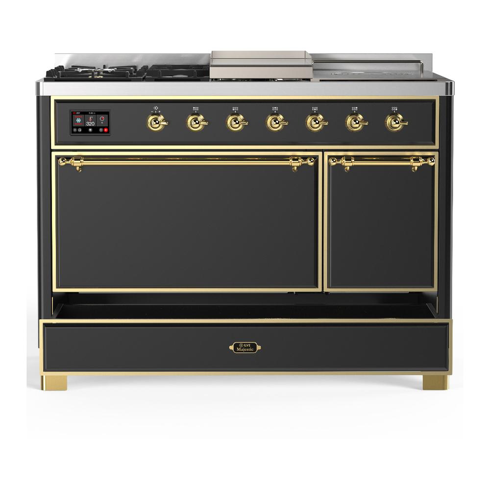 Ilve UM48FSQNR3MGG Ilve Um48Fsqnr3Mgg Majestic Iii 48 Inch Dual Fuel Range With 5 Black Brass Burners, Griddle And French Top, Dual Function Burner Up To 25,000 Btu (Natural Gas, Solid Door, Graphite Matte, Brass)